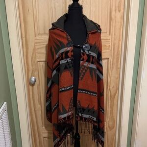 Tribal Patterned Poncho with Toggle Closure OS